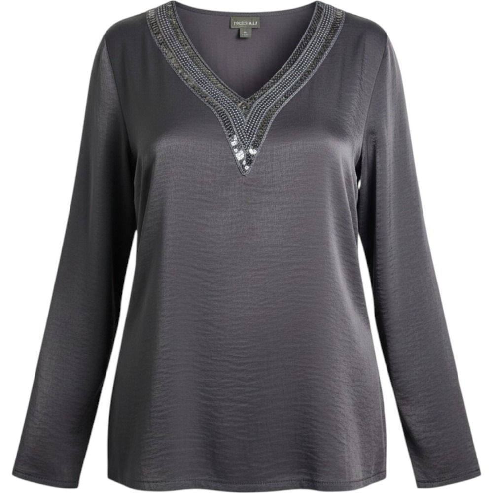 Roz & Ali Blouse Womens Large Gray Sequin V-Neck Long Sleeve Satin Texture Top